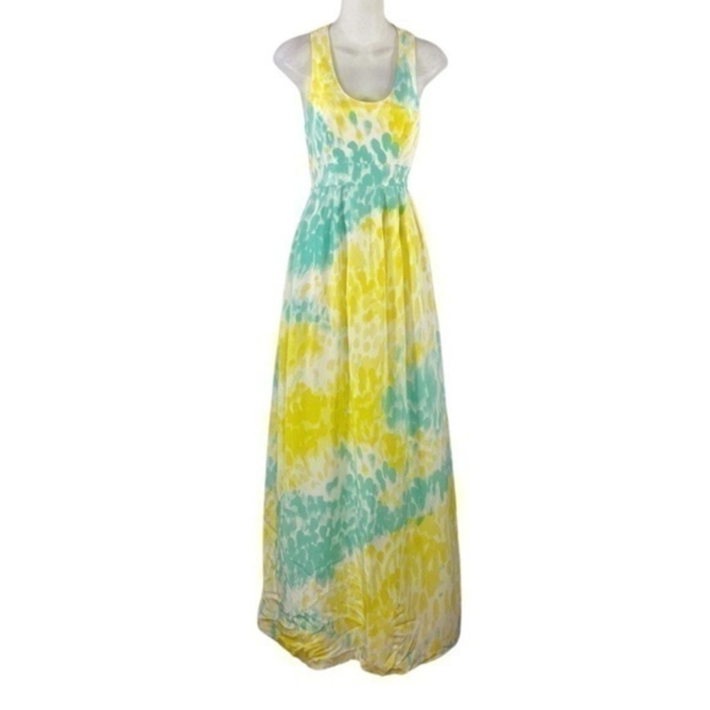 Annie Griffin Austin yellow green white silk print sleeveless maxi dress 4 I30